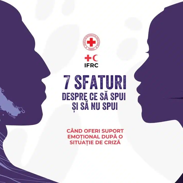 Infografic despre suportul emoțional în situații de criză cu siglele Crucea Roșie și IFRC.