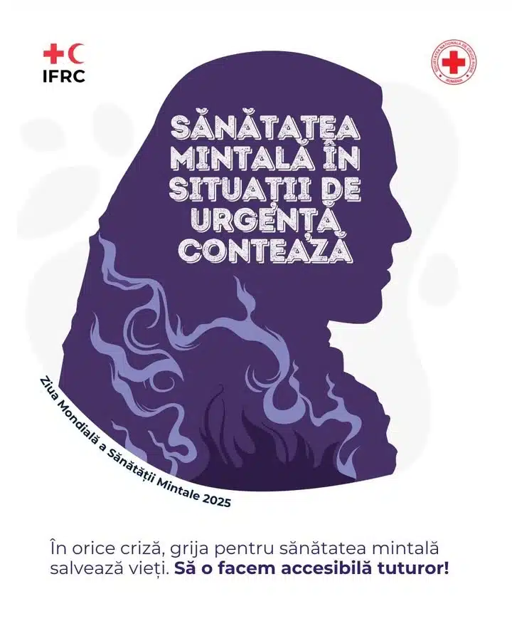 Poster informativ despre sănătatea mintală în situații de urgență cu silueta unui profil uman.