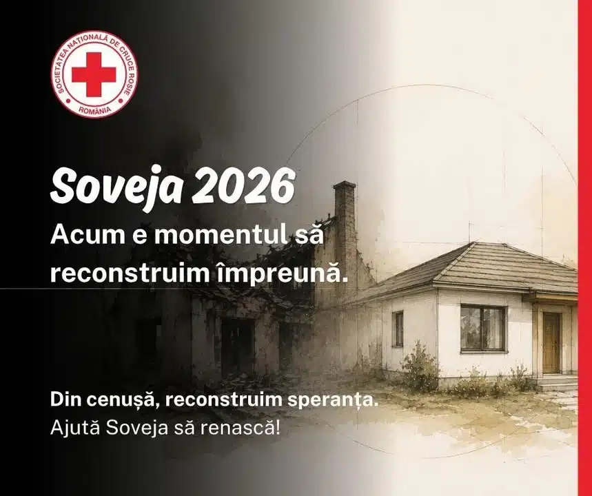 Afiș pentru campania de reconstrucție Soveja 2026, ilustrând o casă în ruine și una reconstruită sub sigla Crucii Roșii.