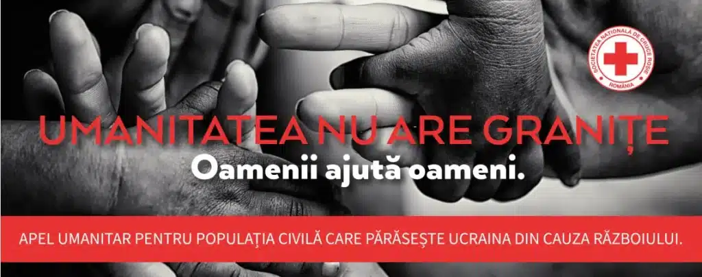 Mâini strânse și logo-ul Crucii Roșii Române pe un afiș de solidaritate umanitară.