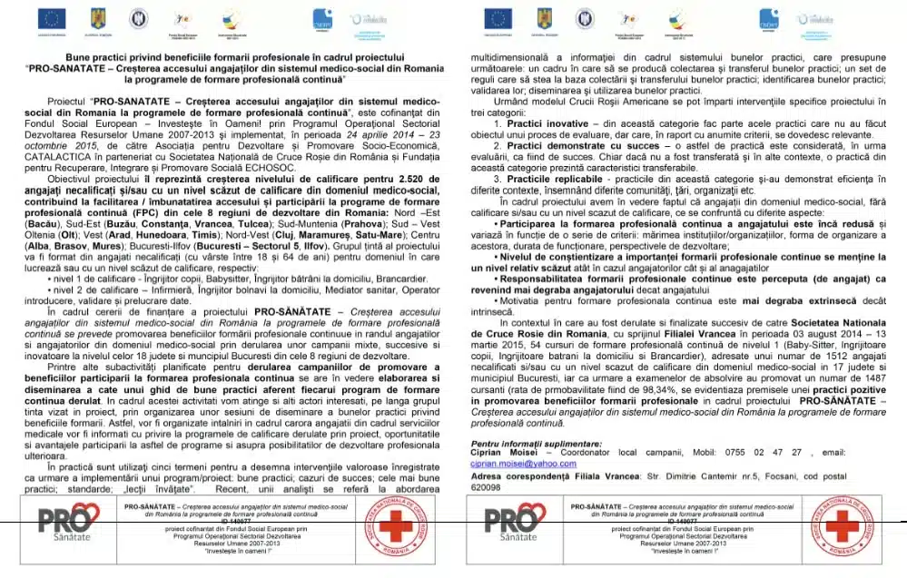 Document informativ despre proiectul PRO-SĂNĂTATE privind formarea profesională în sistemul medico-social.