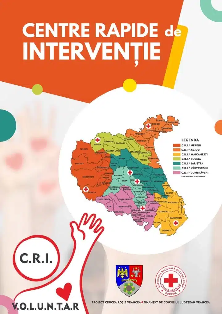 Poster cu harta centrelor rapide de intervenție din județul Vrancea.