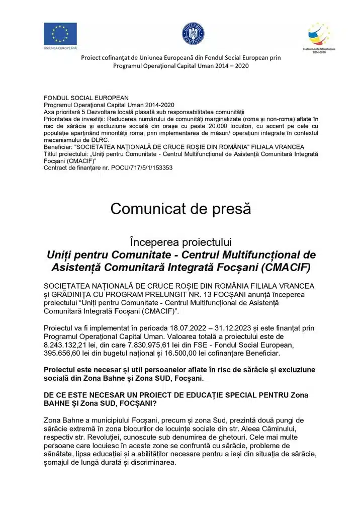 Comunicat de presă pentru proiectul Uniți pentru Comunitate din Focșani.