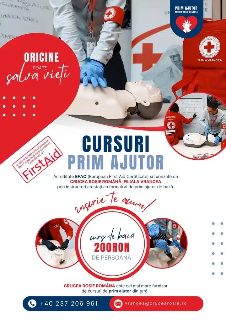 Poster cursuri de prim ajutor cu demonstrație de resuscitare pe manechin.