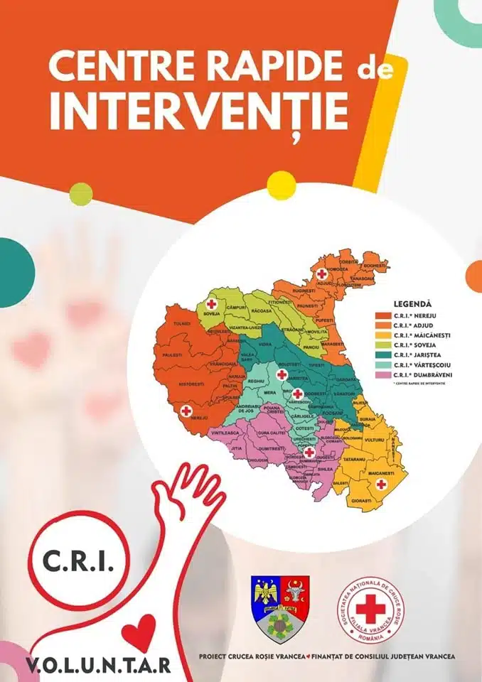 Poster informativ cu harta Centrelor Rapide de Intervenție din județul Vrancea.