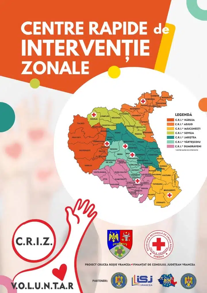 Poster informativ despre Centrele Rapide de Intervenție Zonale cu harta județului Vrancea.